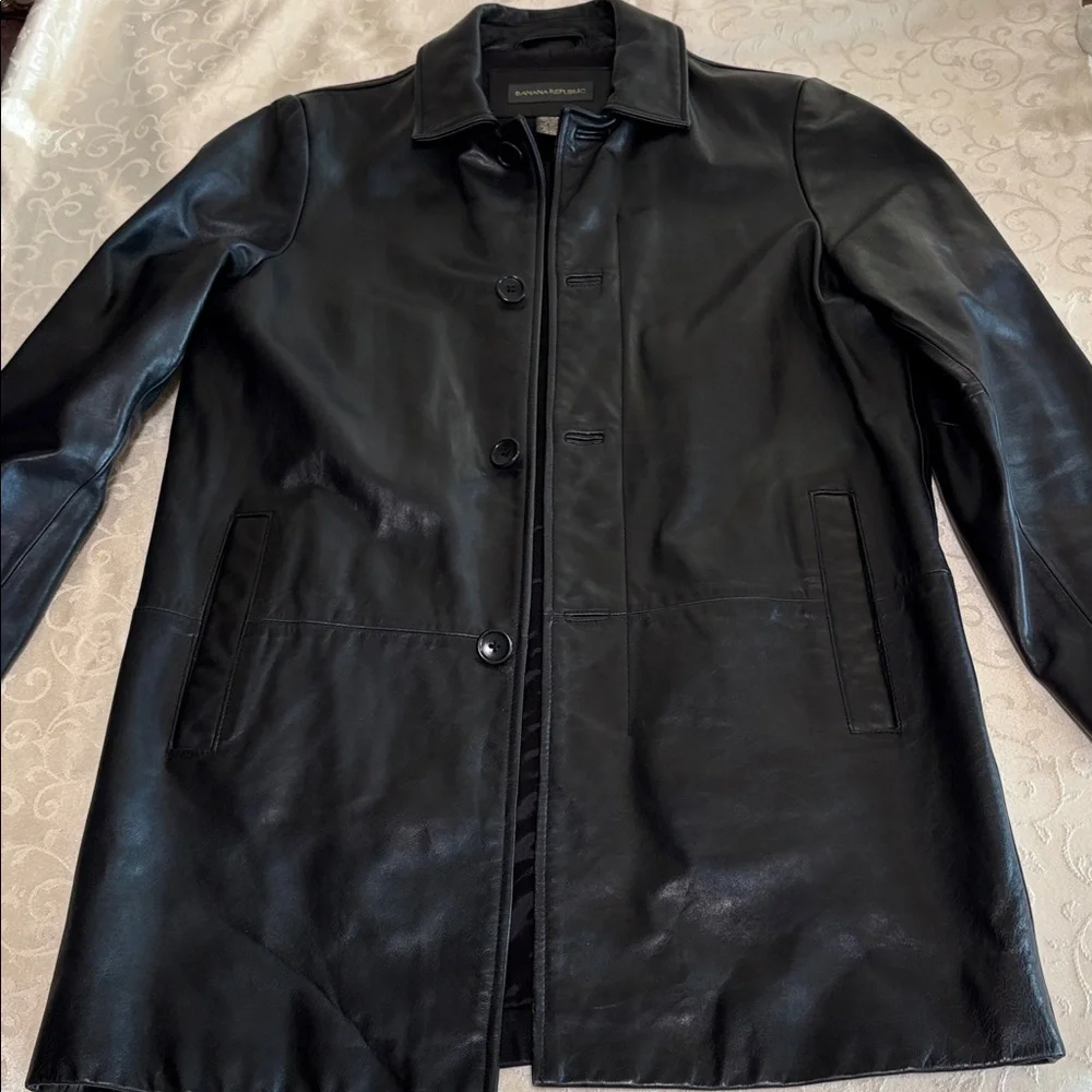 Banana Republic Black Leather Trench Car Coat black genuine leather man Sz XS